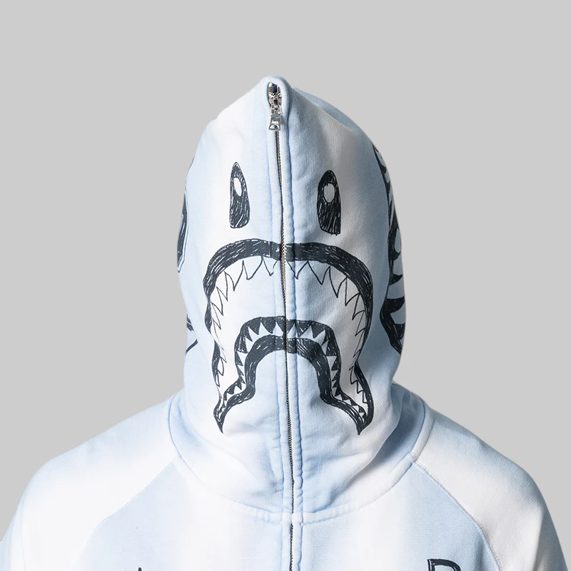 Hand Draw Football Shark Relaxed Fit Full Zip Hoodie - White - Image 7