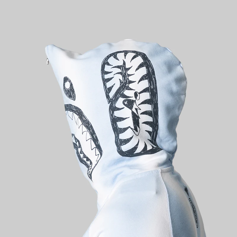 Hand Draw Football Shark Relaxed Fit Full Zip Hoodie - White - Image 8