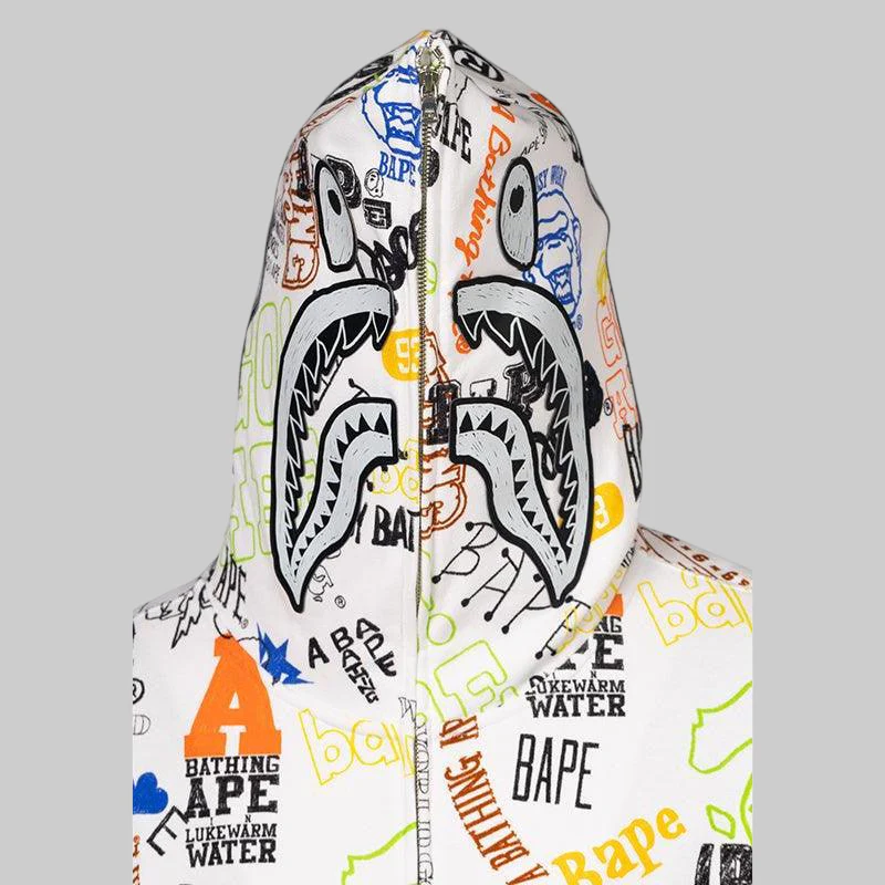 Hand Draw Pattern Shark Zip Hoodie - LAST ONE - Image 4