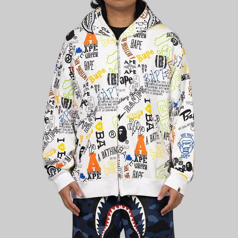 Hand Draw Pattern Shark Zip Hoodie - LAST ONE - Image 5