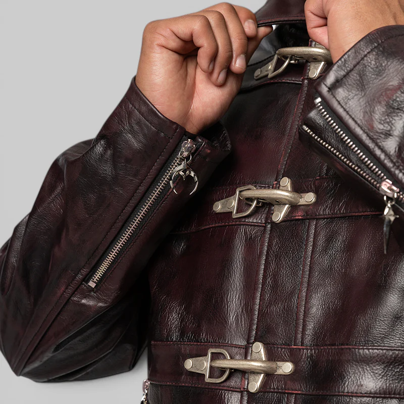Red Washed Bio Soldier Leather Jacket - Black - Image 8