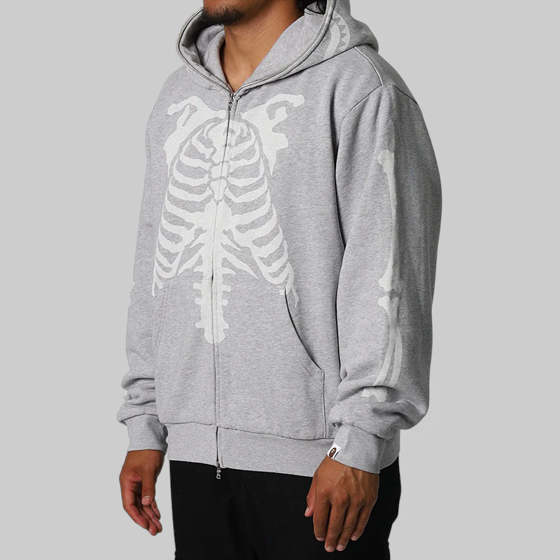 Skeleton Shark Heavy Washed Full Hoodie - Grey - Image 3