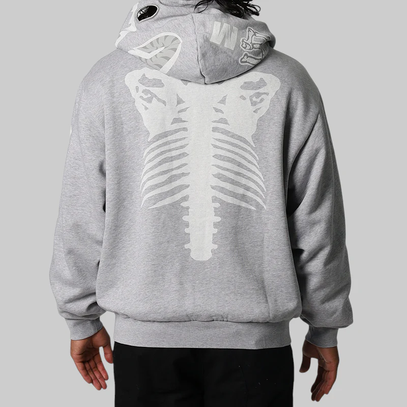Skeleton Shark Heavy Washed Full Hoodie - Grey - Image 5