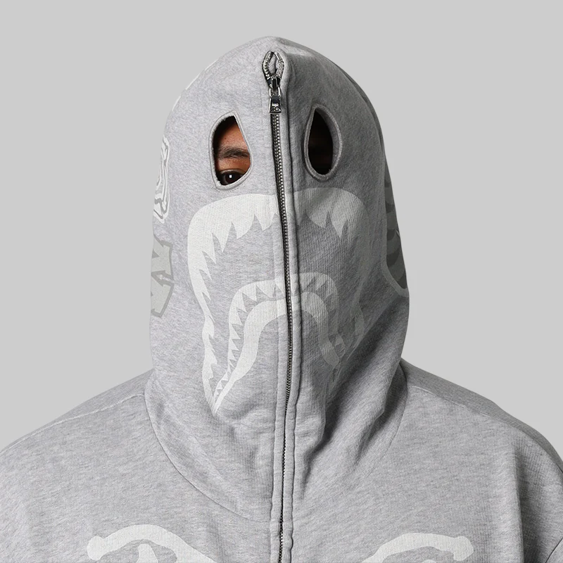 Skeleton Shark Heavy Washed Full Hoodie - Grey - Image 7