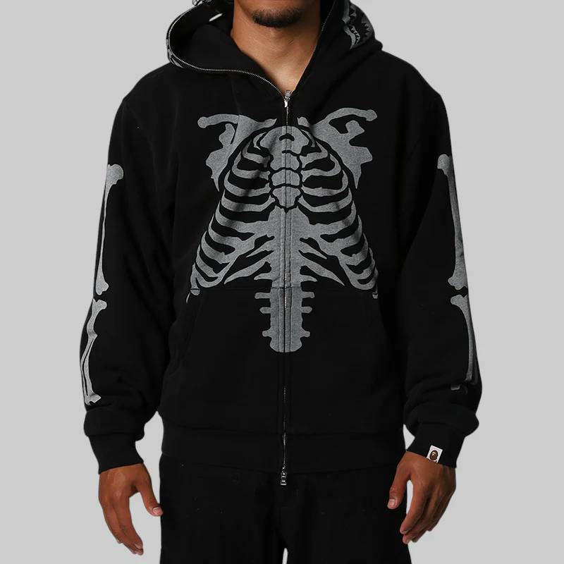 Skeleton Shark Heavy Washed Full Zip Hoodie - Black - Image 2