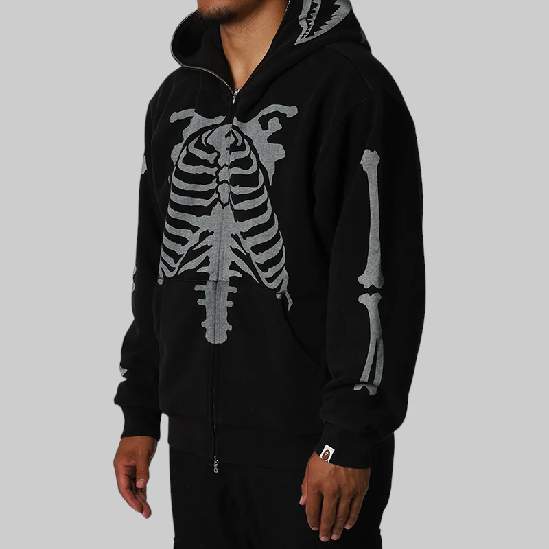 Skeleton Shark Heavy Washed Full Zip Hoodie - Black - Image 3