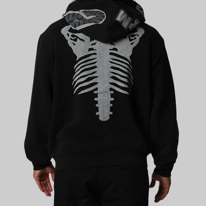 Skeleton Shark Heavy Washed Full Zip Hoodie - Black - Image 5