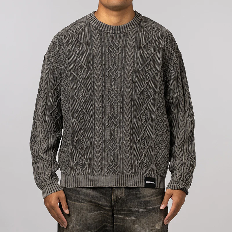 Washed Crewneck Cable Sweater - Black