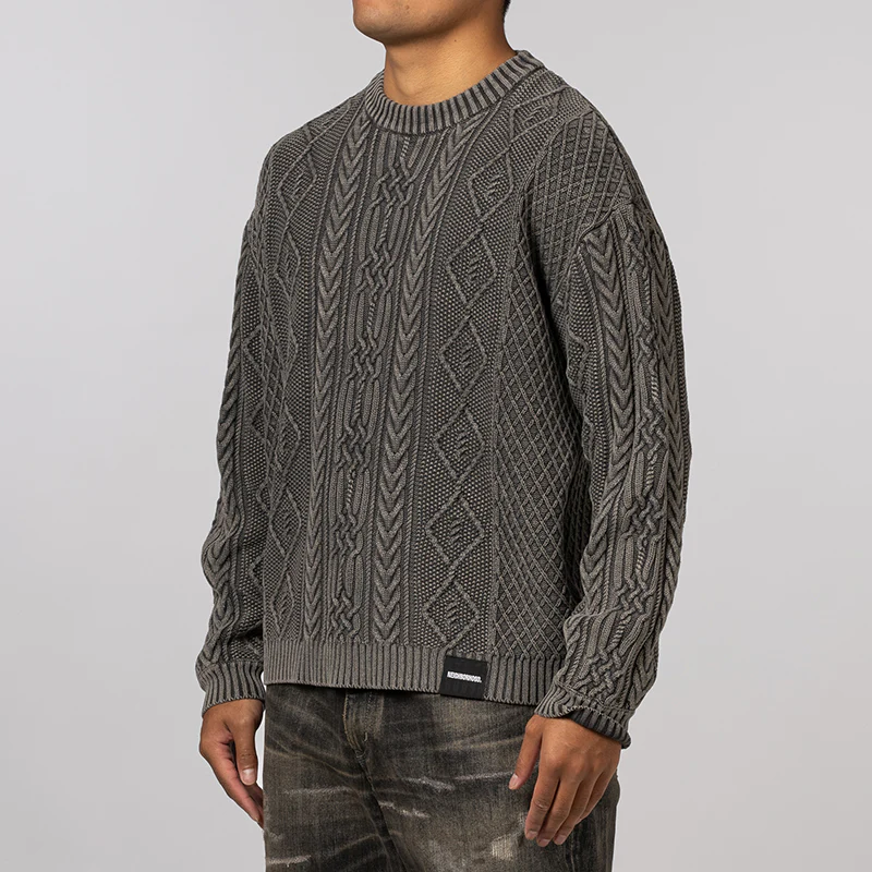 Washed Crewneck Cable Sweater - Black - Image 2