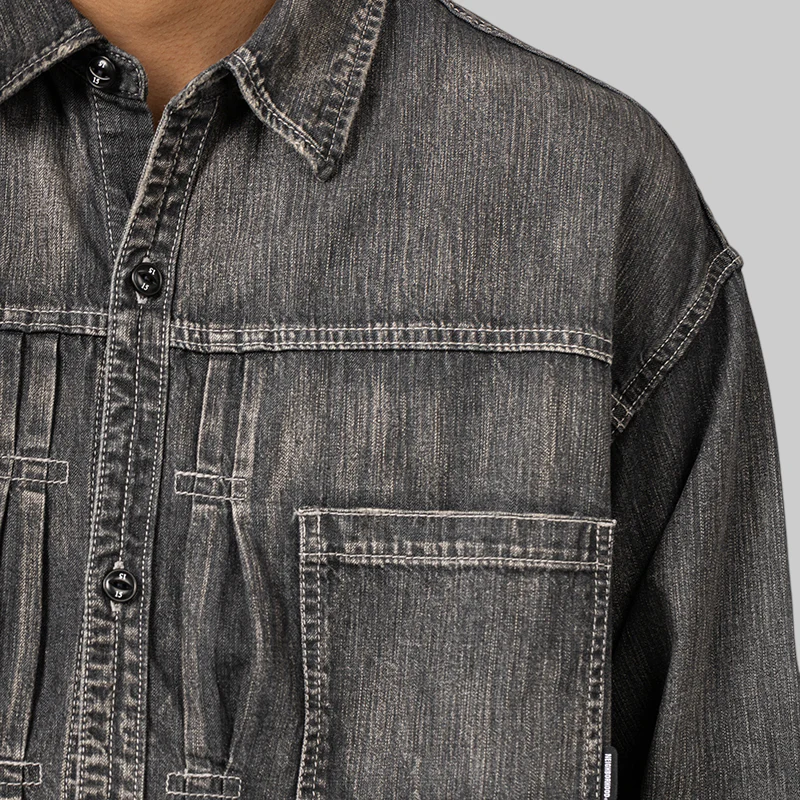 Washed Denim Shirt Long Sleeve - Black - Image 7