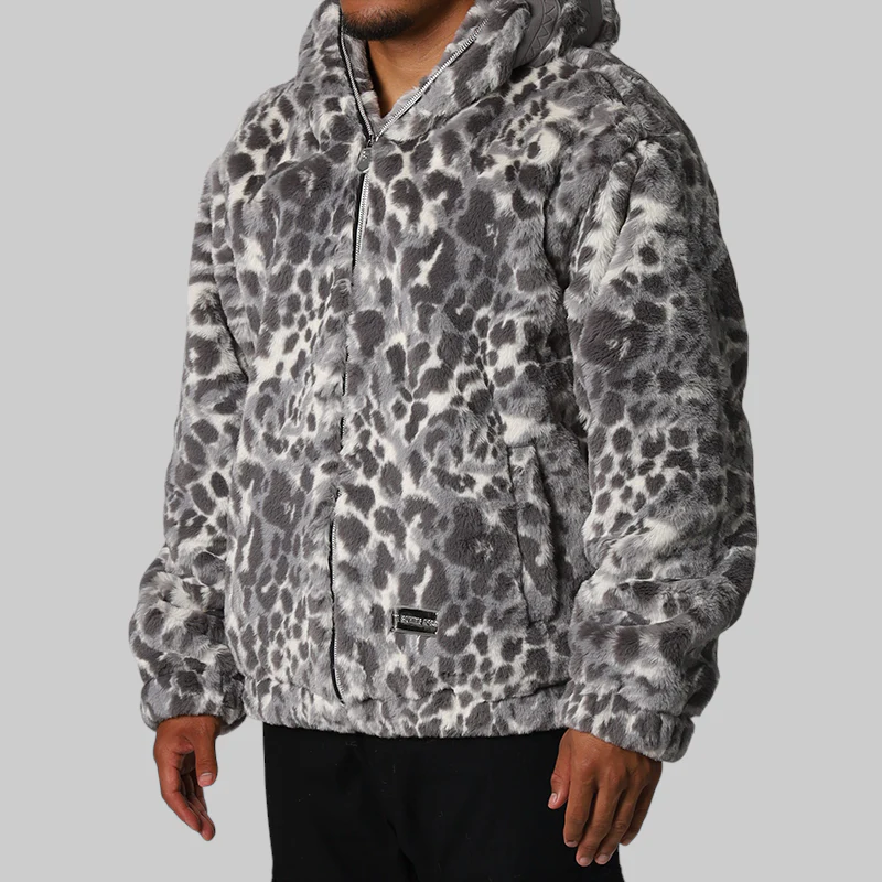 Wild Leopard Pattern Faux Fur Shark Full Zip Jacket - Grey - Image 3