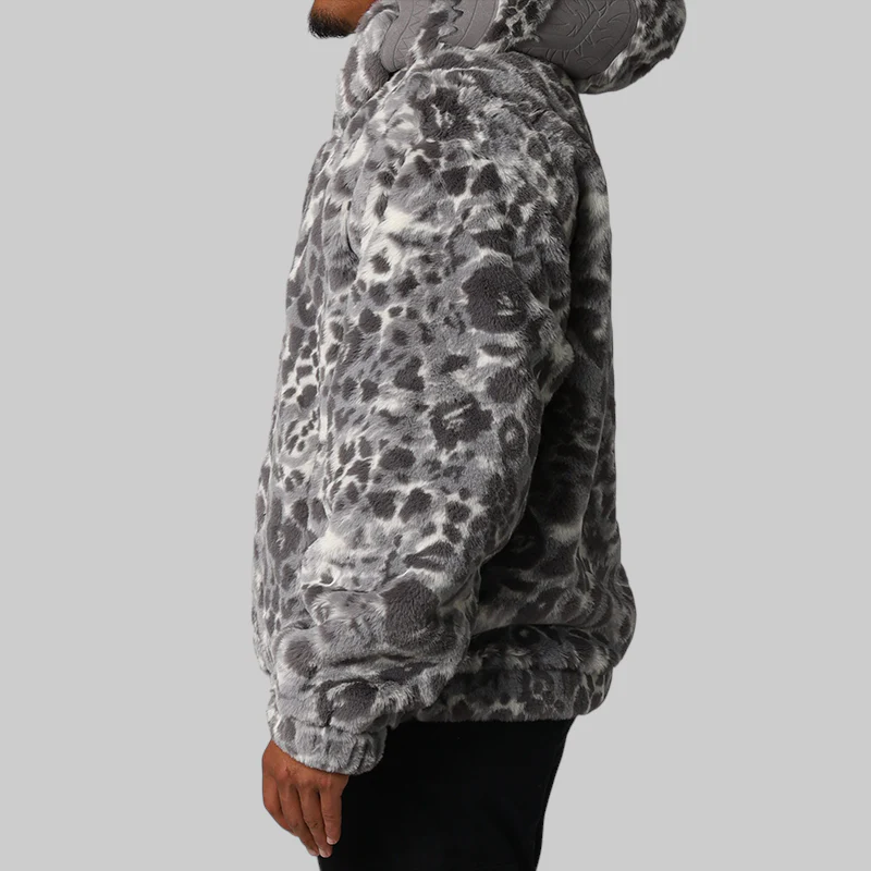 Wild Leopard Pattern Faux Fur Shark Full Zip Jacket - Grey - Image 4
