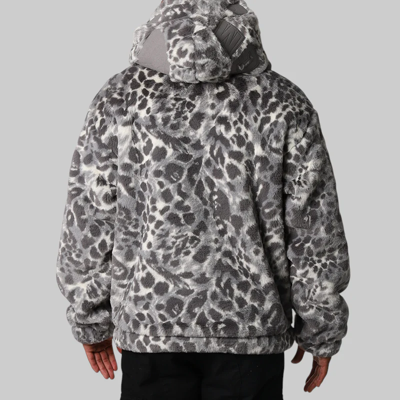 Wild Leopard Pattern Faux Fur Shark Full Zip Jacket - Grey - Image 5