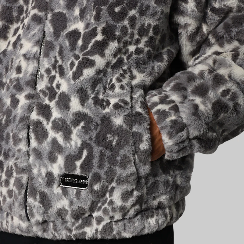 Wild Leopard Pattern Faux Fur Shark Full Zip Jacket - Grey - Image 6