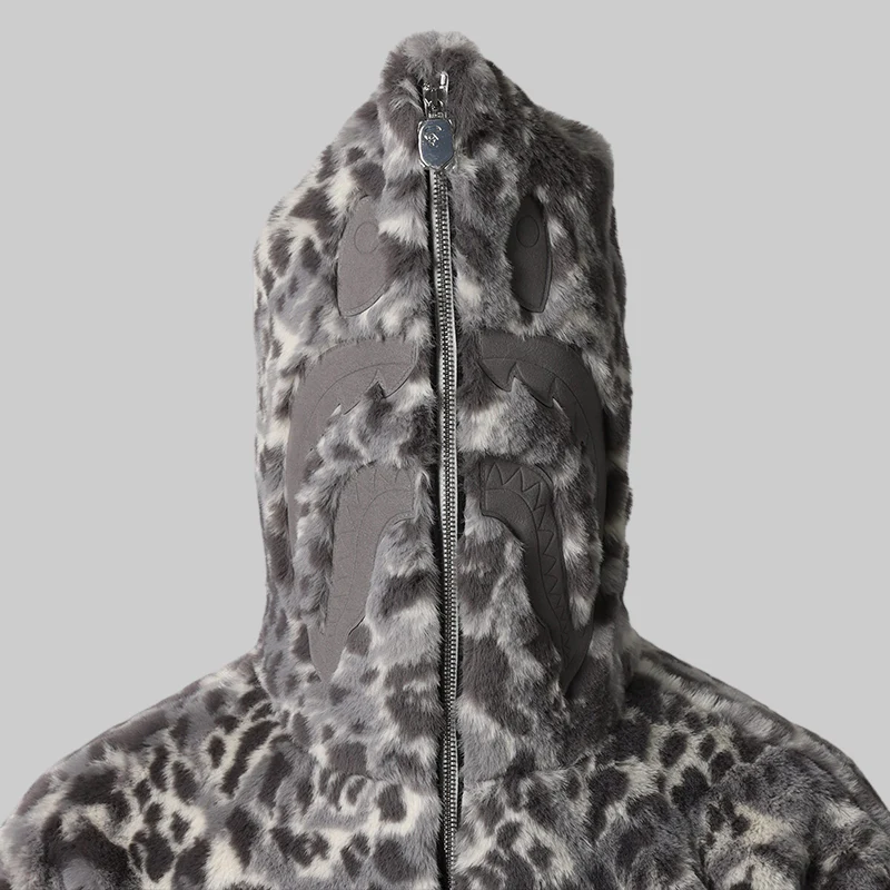 Wild Leopard Pattern Faux Fur Shark Full Zip Jacket - Grey - Image 7