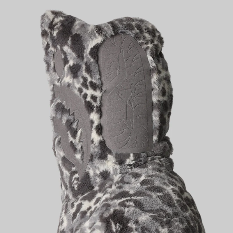 Wild Leopard Pattern Faux Fur Shark Full Zip Jacket - Grey - Image 8