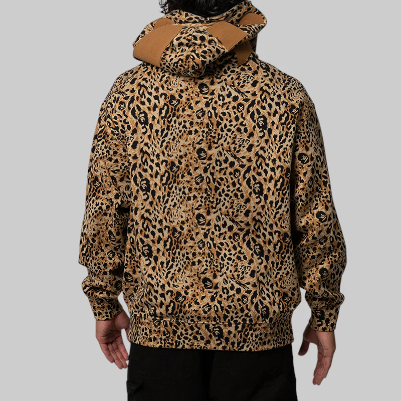 Wild Leopard Pattern Shark Relaxed Fit Full Zip Hoodie - Beige - Image 3