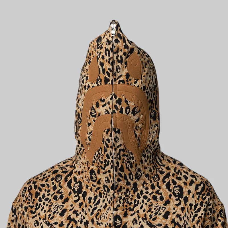 Wild Leopard Pattern Shark Relaxed Fit Full Zip Hoodie - Beige - Image 4