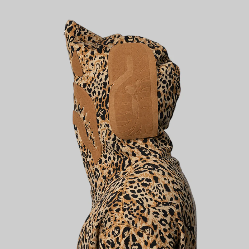 Wild Leopard Pattern Shark Relaxed Fit Full Zip Hoodie - Beige - Image 5